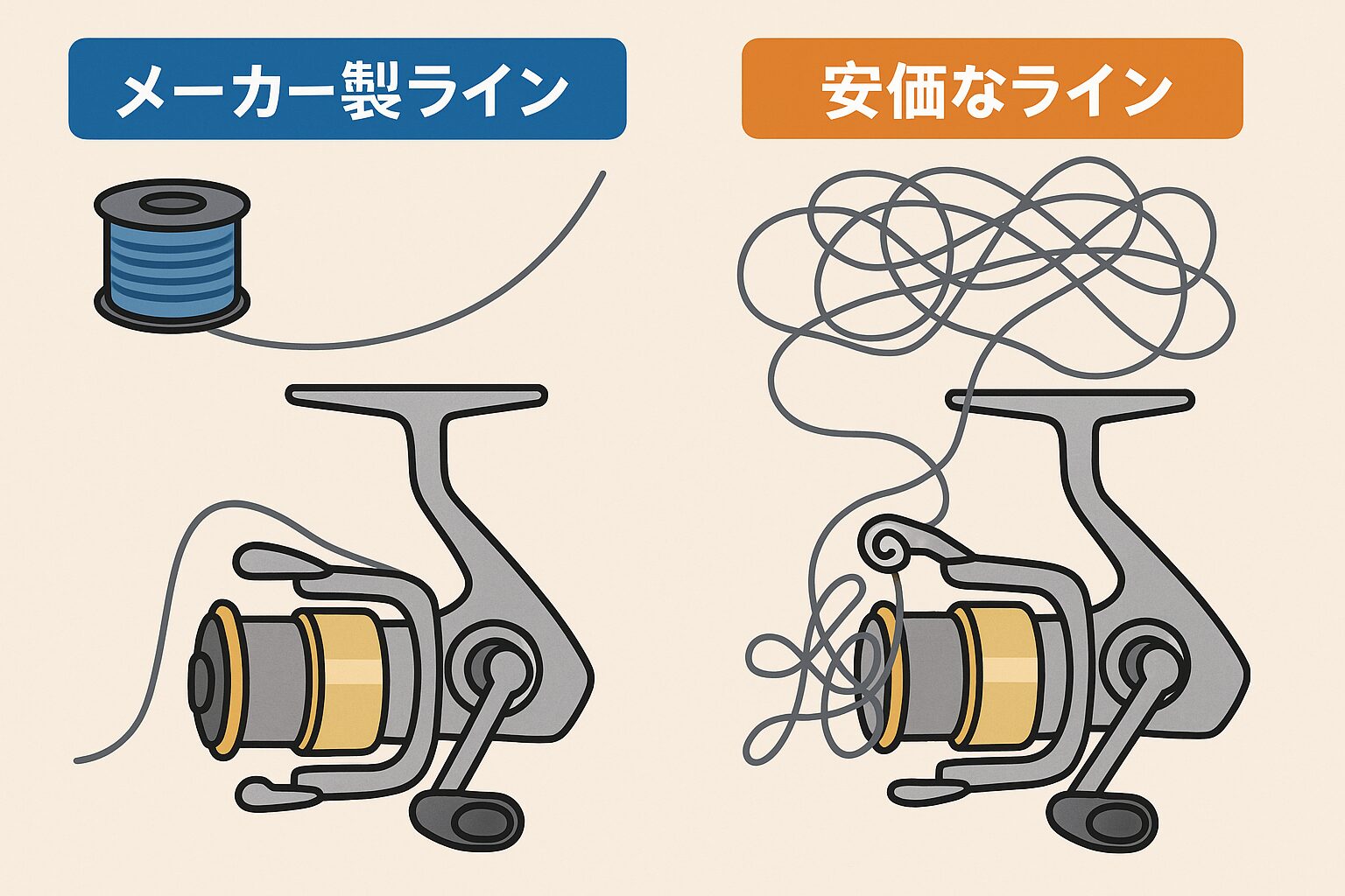 メーカー製ラインと安価ラインの差は「分子の整列・コーティング・均一性」にあります。
安物はヨレやすく、クセが付きやすいのが最大の弱点。釣太郎