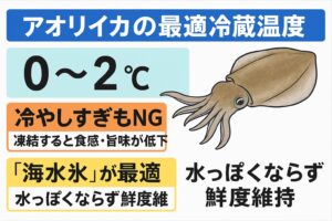 アオリイカは「とにかく冷やす」ではなく「適温で冷やす」が鉄則。冷蔵温度は0〜2℃を守り、直接氷水に浸けない。釣太郎