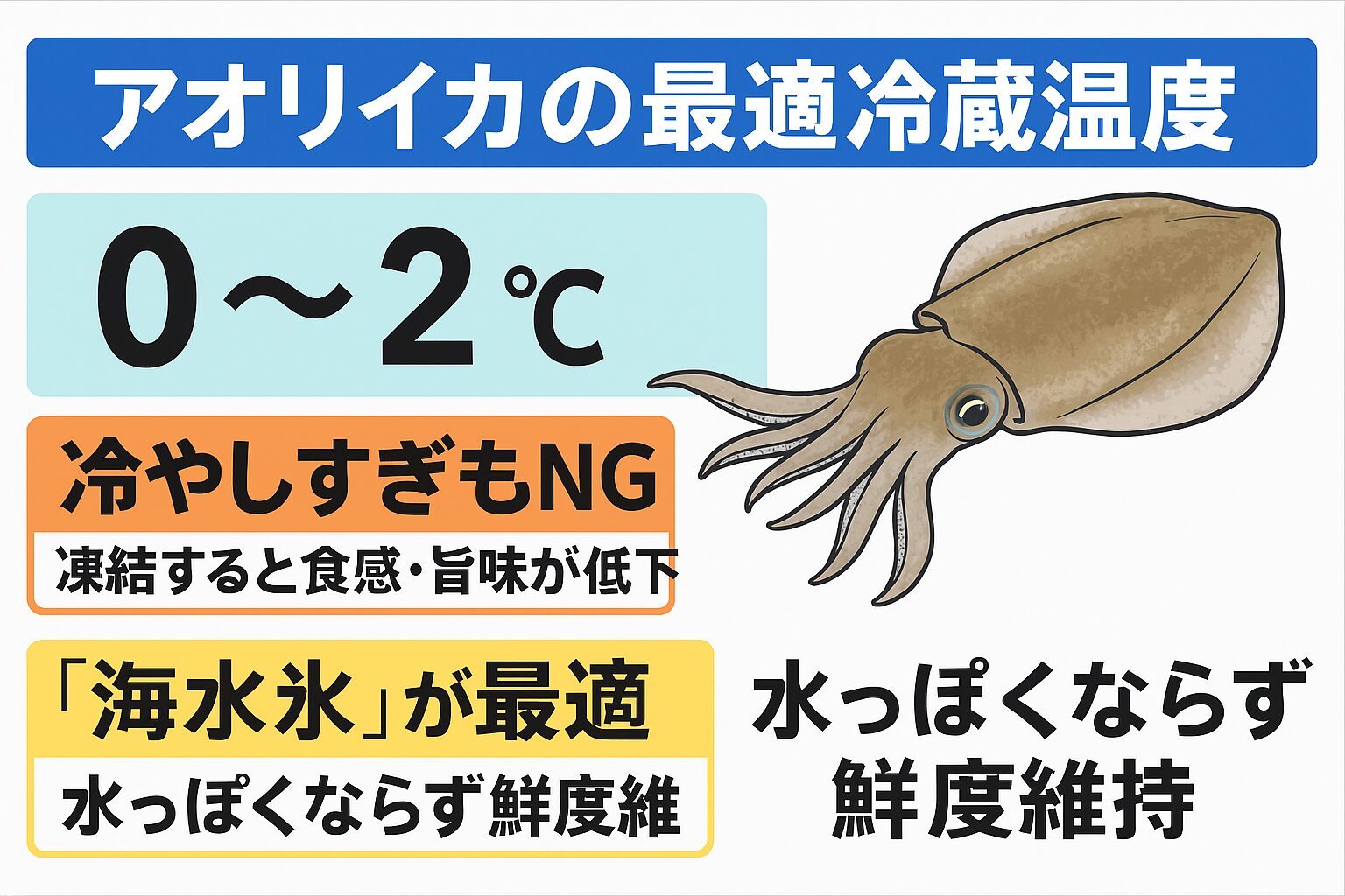 アオリイカは「とにかく冷やす」ではなく「適温で冷やす」が鉄則。冷蔵温度は0〜2℃を守り、直接氷水に浸けない。釣太郎