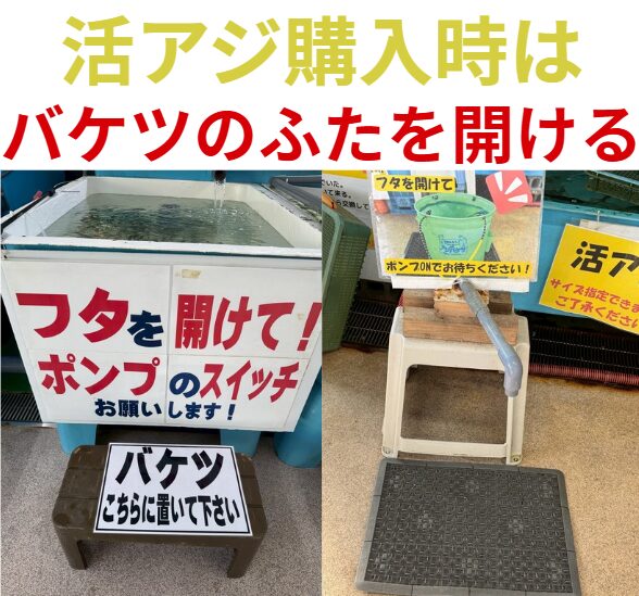 活アジ購入時は、バケツのふたを開けてお待ちください。釣太郎