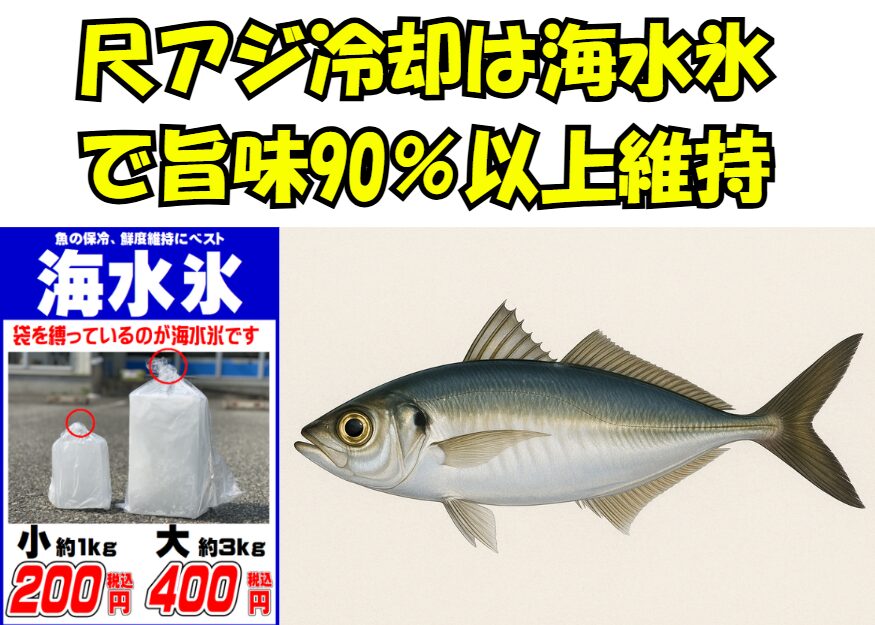 尺アジ冷却、真水氷は浸透圧の影響で細胞が壊れて味が落ちる・海水氷は魚の体液に近く鮮度を保つ。釣太郎