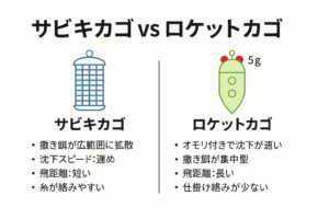 サビキ釣り入門。足元での数釣りなら「サビキカゴ」沖目狙いや深場、風対策なら「ロケットカゴ」釣太郎