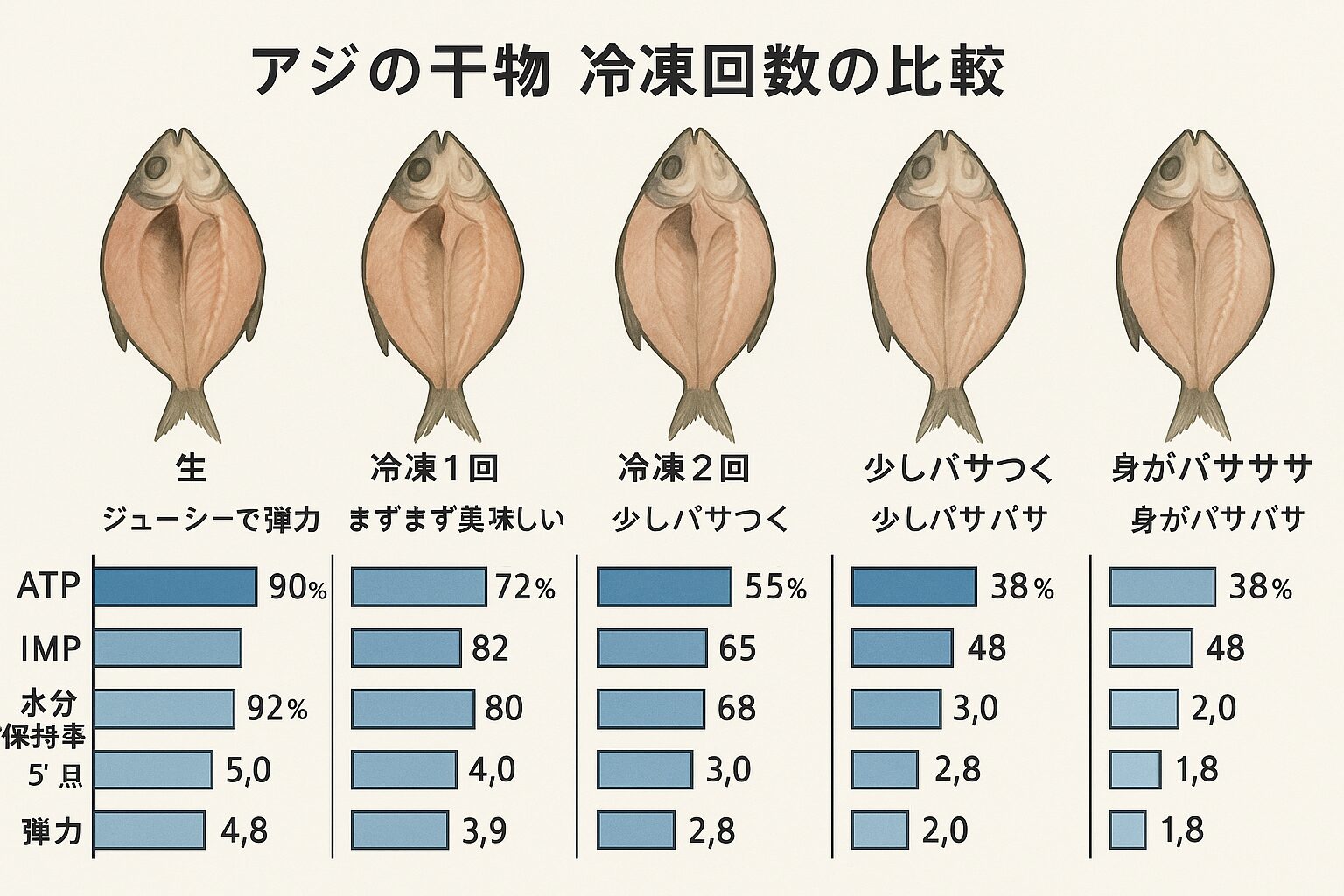 アジ干物は冷凍回数でここまで変わる！生・1回・2回・3回冷凍をAIが科学数値で徹底比較.釣太郎