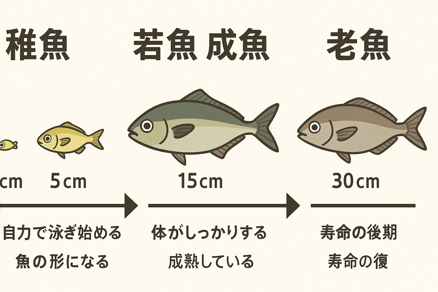 魚の呼び名、稚魚＝生まれてすぐ泳ぎ始めた段階。・幼魚＝魚の形になり、群れで泳ぐ ・若魚＝成魚寸前、最も釣りやすいサイズ ・成魚＝繁殖可能で釣りの主役・老魚＝寿命後期の大型個体。釣太郎