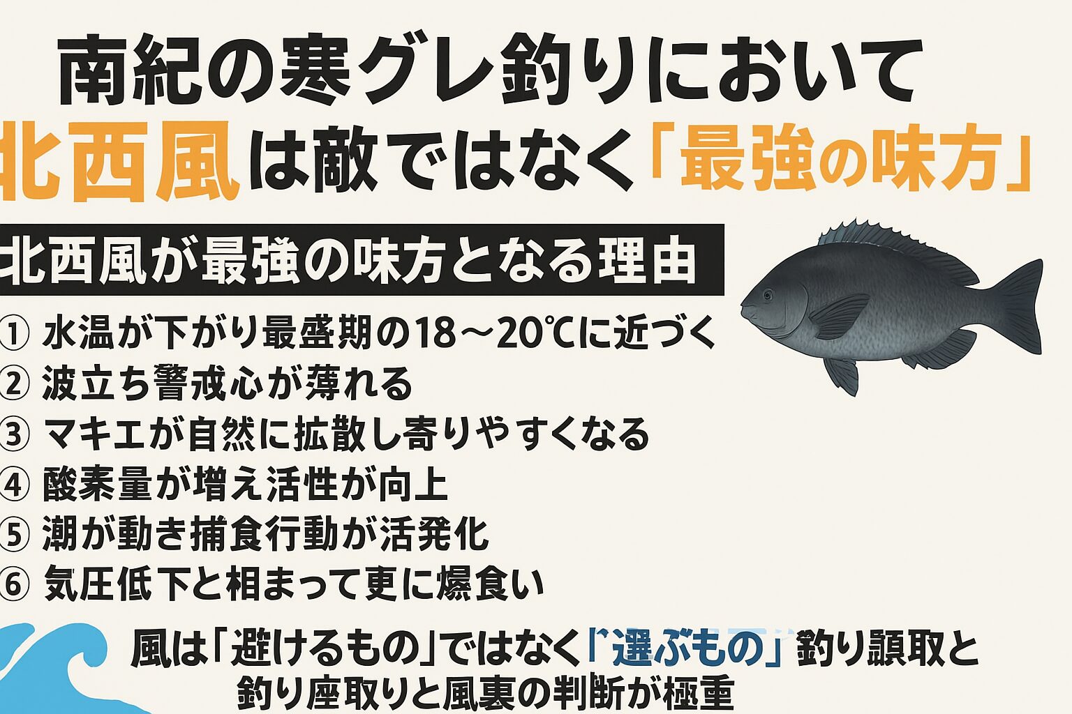 南紀の寒グレ釣り、北西風は水温低下、波立ち、酸素量増加、潮流活性、気圧変動を引き起こす。この条件が重なる日は 寒グレの食いが最も立つ。風速5〜8mが最も釣れるタイミング。釣太郎