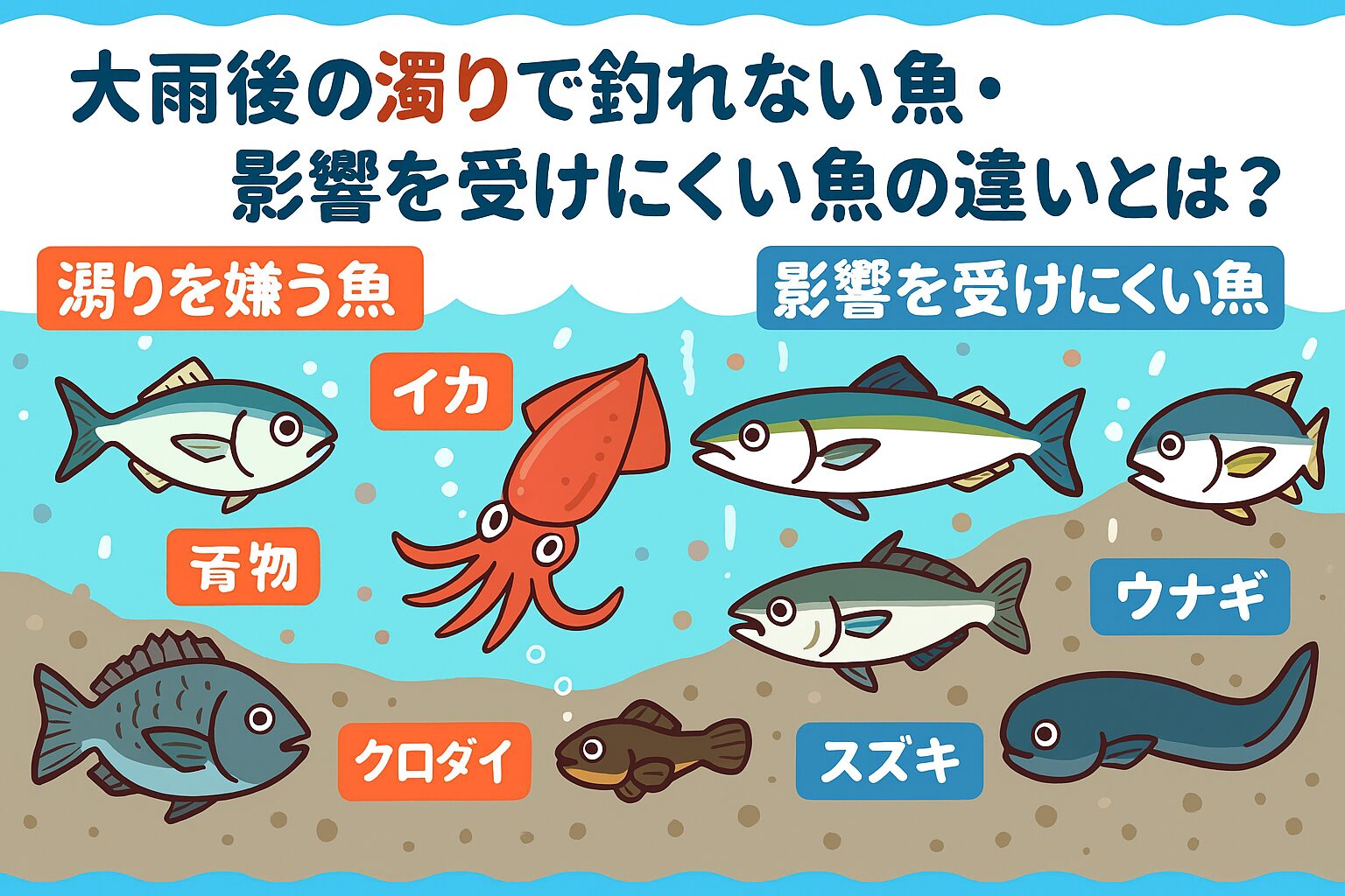 雨後の釣りは魚種選びと釣法次第で好機になる！「大雨後は釣れない」と一概には言えません。濁りに強い魚種を理解し、適切な釣法とポイントを選べば、むしろ好釣果につながるチャンスです。釣太郎