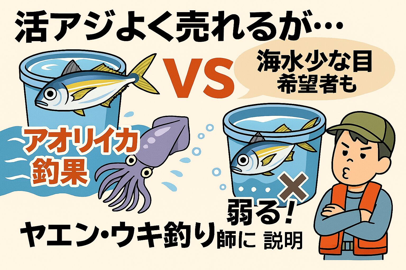 「海水少な目」は一見便利ですが、釣果を落とす最大の原因です。ヤエン・ウキ釣り師にとって、活アジの鮮度は命。釣太郎