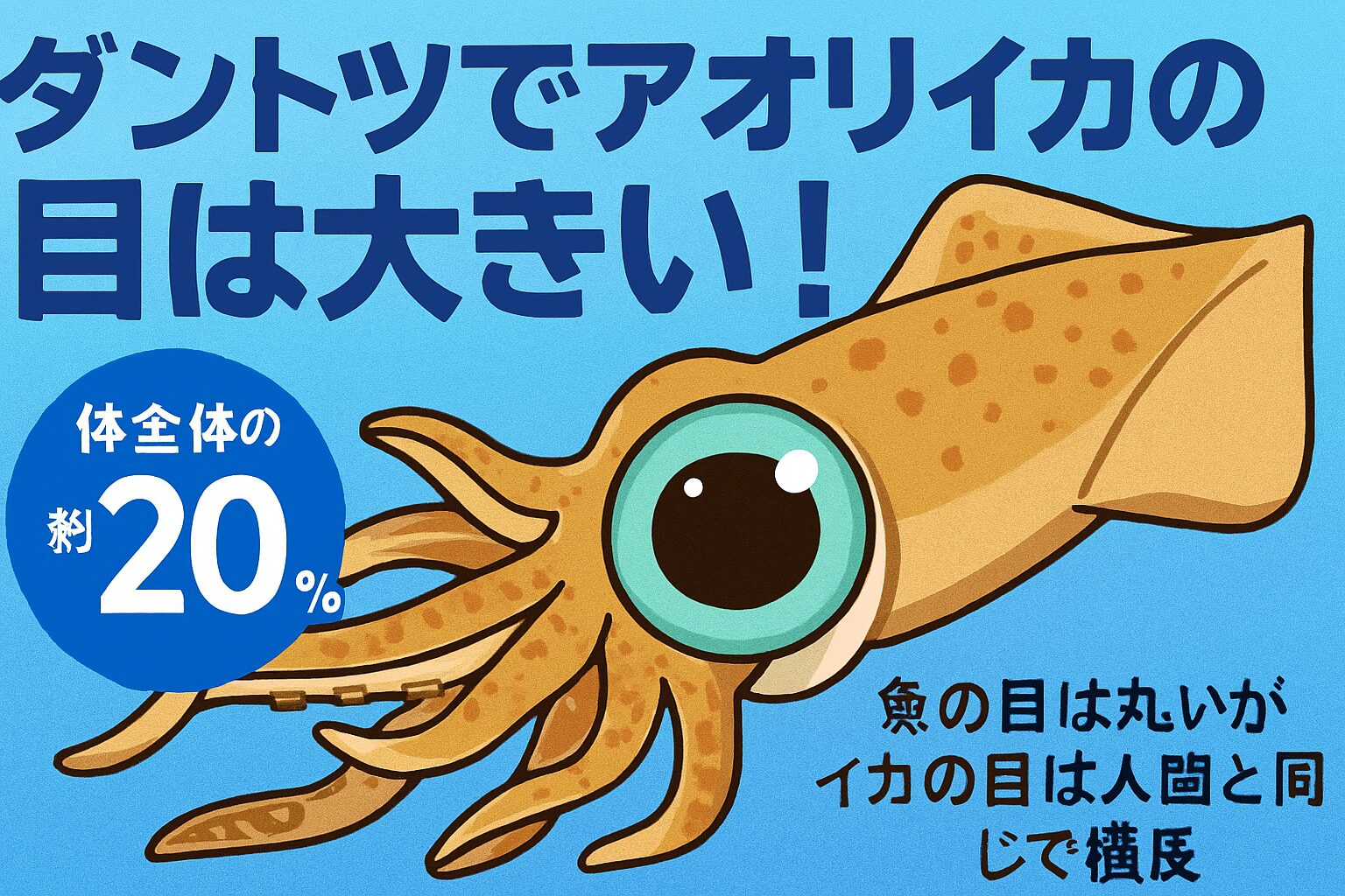 アオリイカの目は体の約10%を占める巨大な器官で、他のイカや魚類と比べても圧倒的な存在感を放ちます。釣太郎