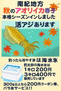 南紀地方は、これからアオリイカ釣りのベストシーズンを迎えます。「活アジ」と「海水氷」を準備しましょう。釣太郎