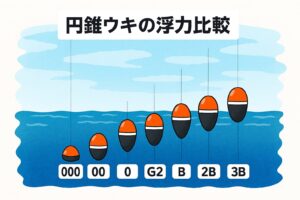 フカセ釣り初心者はまずは「0」や「B」からスタート → 扱いやすく、アタリも分かりやすい。潮の流れが速いときは 2Bや3B を選ぶ。食いが渋いときは 00や000 で繊細に攻める。釣太郎