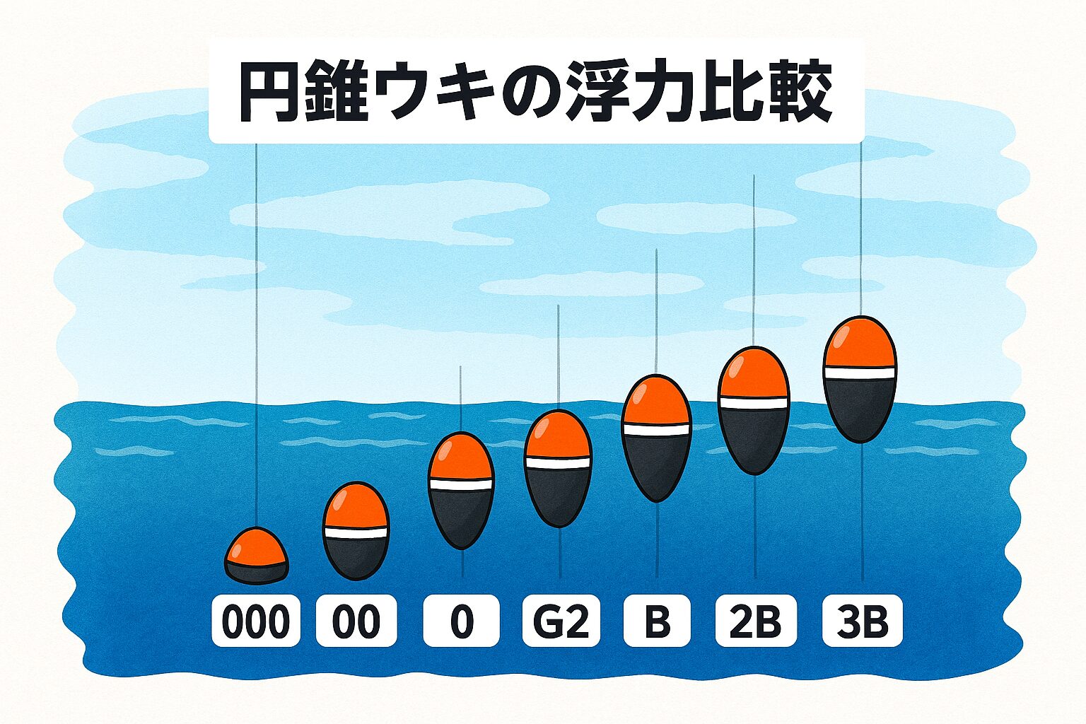 フカセ釣り初心者はまずは「0」や「B」からスタート → 扱いやすく、アタリも分かりやすい。潮の流れが速いときは 2Bや3B を選ぶ。食いが渋いときは 00や000 で繊細に攻める。釣太郎