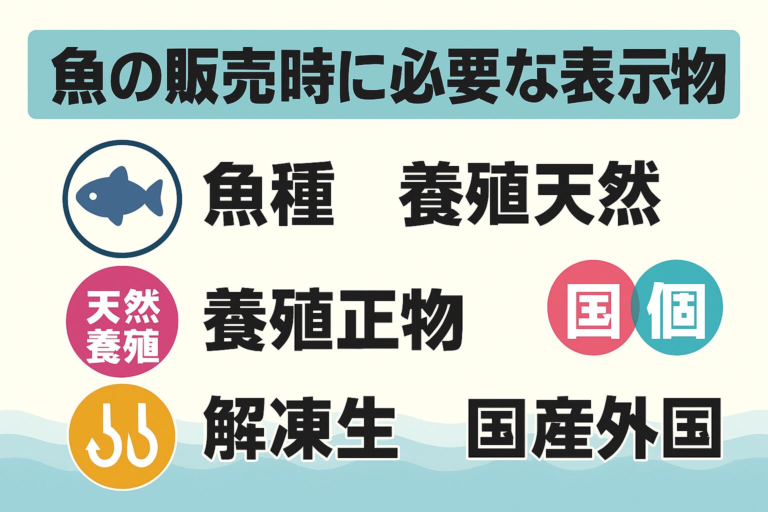 魚の販売店に義務づけられている表示は以下の4つです。魚種 ・天然／養殖・生／解凍・国産／外国産。釣太郎