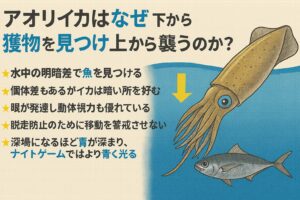 アオリイカは下から見て、上から襲うという習性を持つことで、視覚・精度・安全性を最大化しています。釣太郎