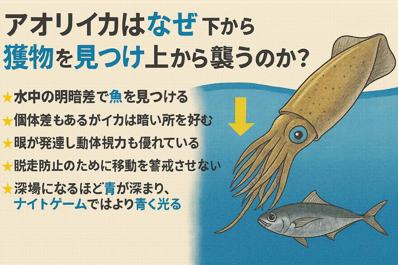 アオリイカは下から見て、上から襲うという習性を持つことで、視覚・精度・安全性を最大化しています。釣太郎