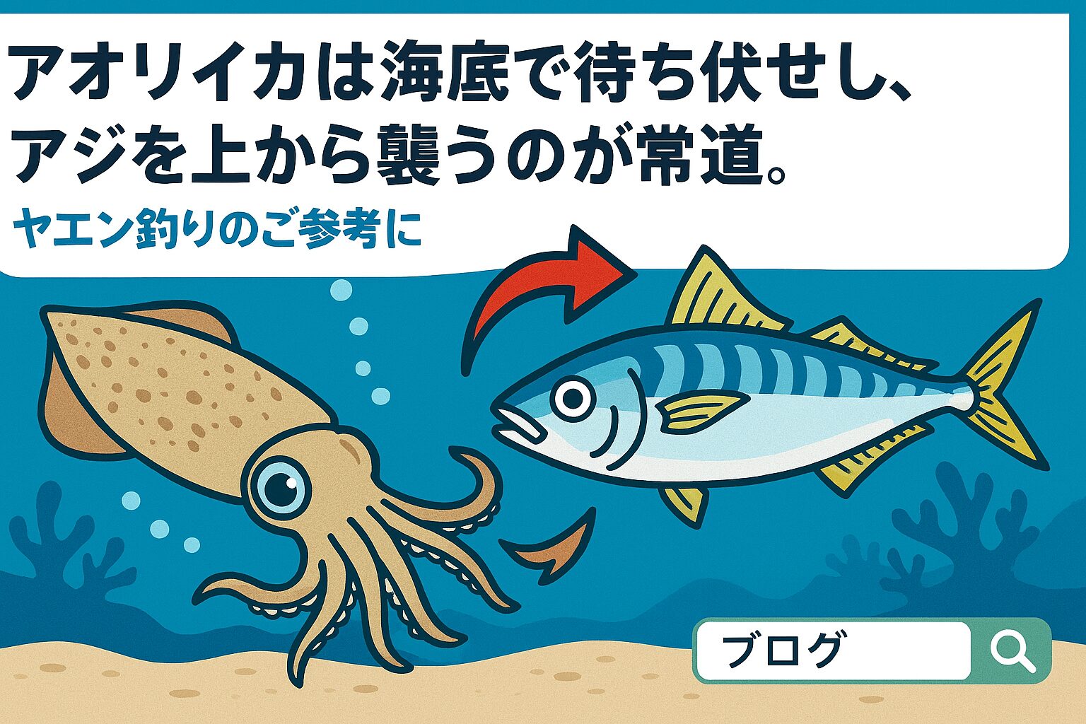アオリイカは海底で待ち伏せし、アジを上から襲うのが常道。ヤエン釣りのご参考に。釣太郎