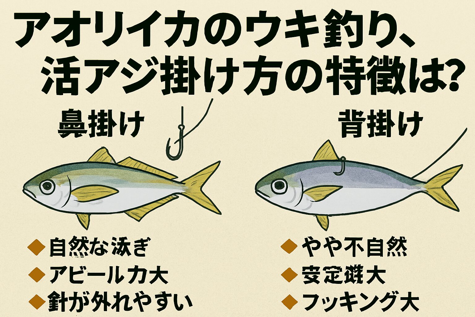 アオリイカのウキ釣り｜活アジの「鼻掛け」と「背掛け」どっちが釣れる？特徴と使い分けを解説！釣太郎