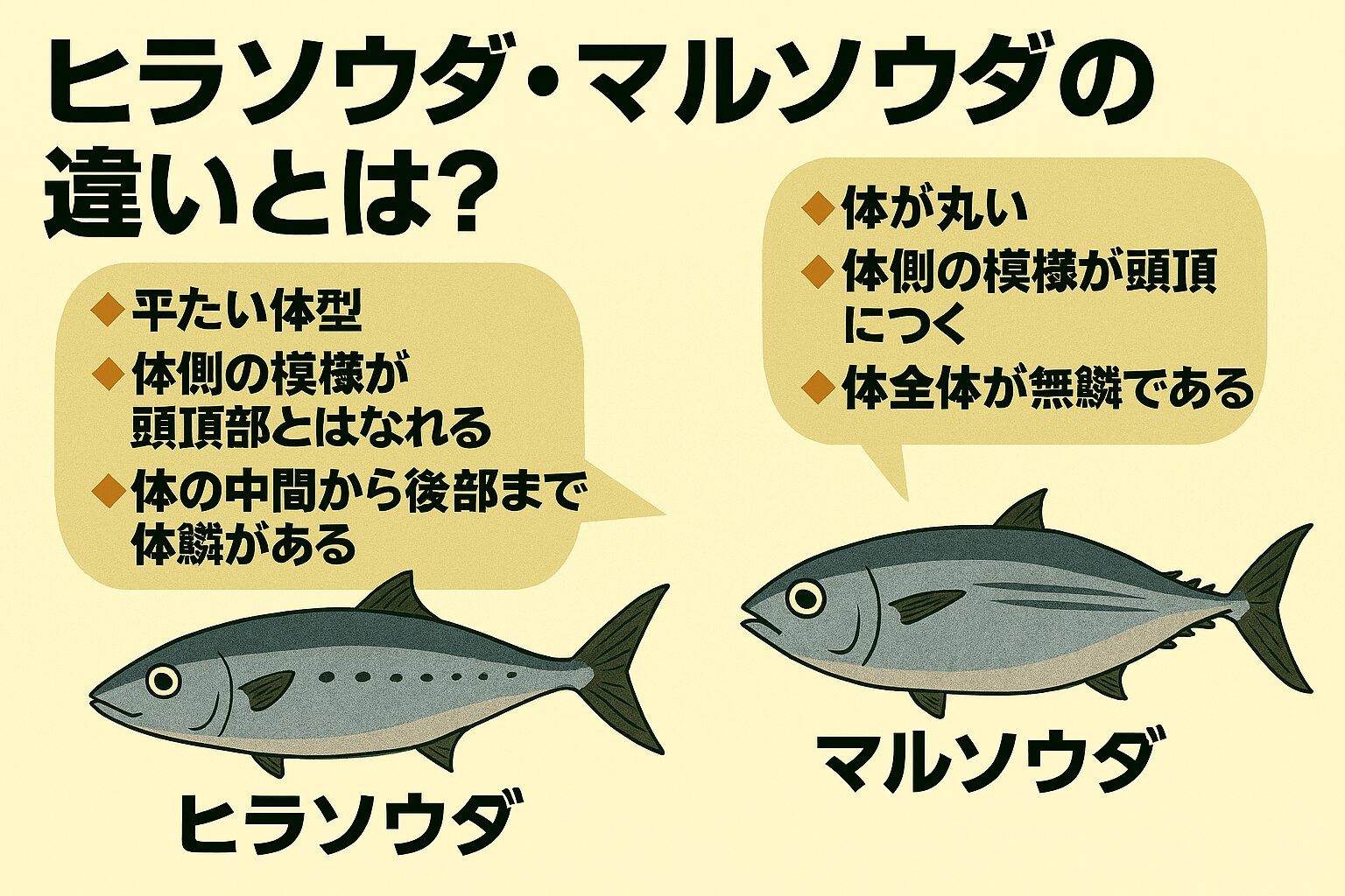 ヒラソウダ マルソウダ。体型 体高があり平たい 丸みがありずんぐり。模様 頭頂部から離れた暗色模様 頭頂部とくっついた暗色模様 。釣太郎