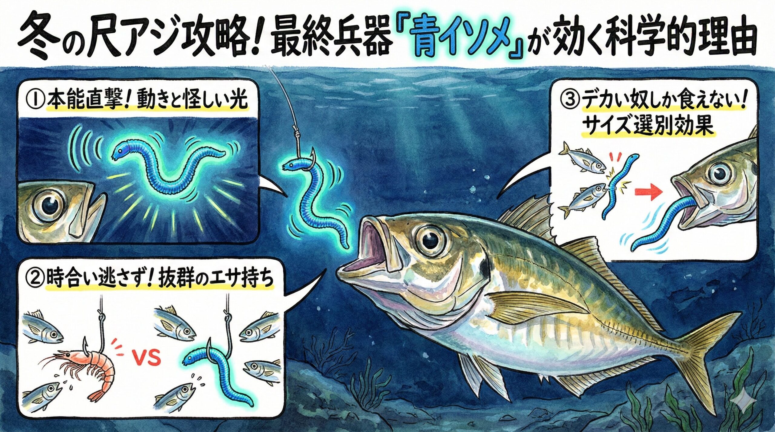 南紀の尺アジ釣りは、渋い時こそ「虫エサ」の出番。動きと発光でアピール。エサ持ちが良く時合いを逃さない。デカいアジだけを選んで釣れる。釣太郎