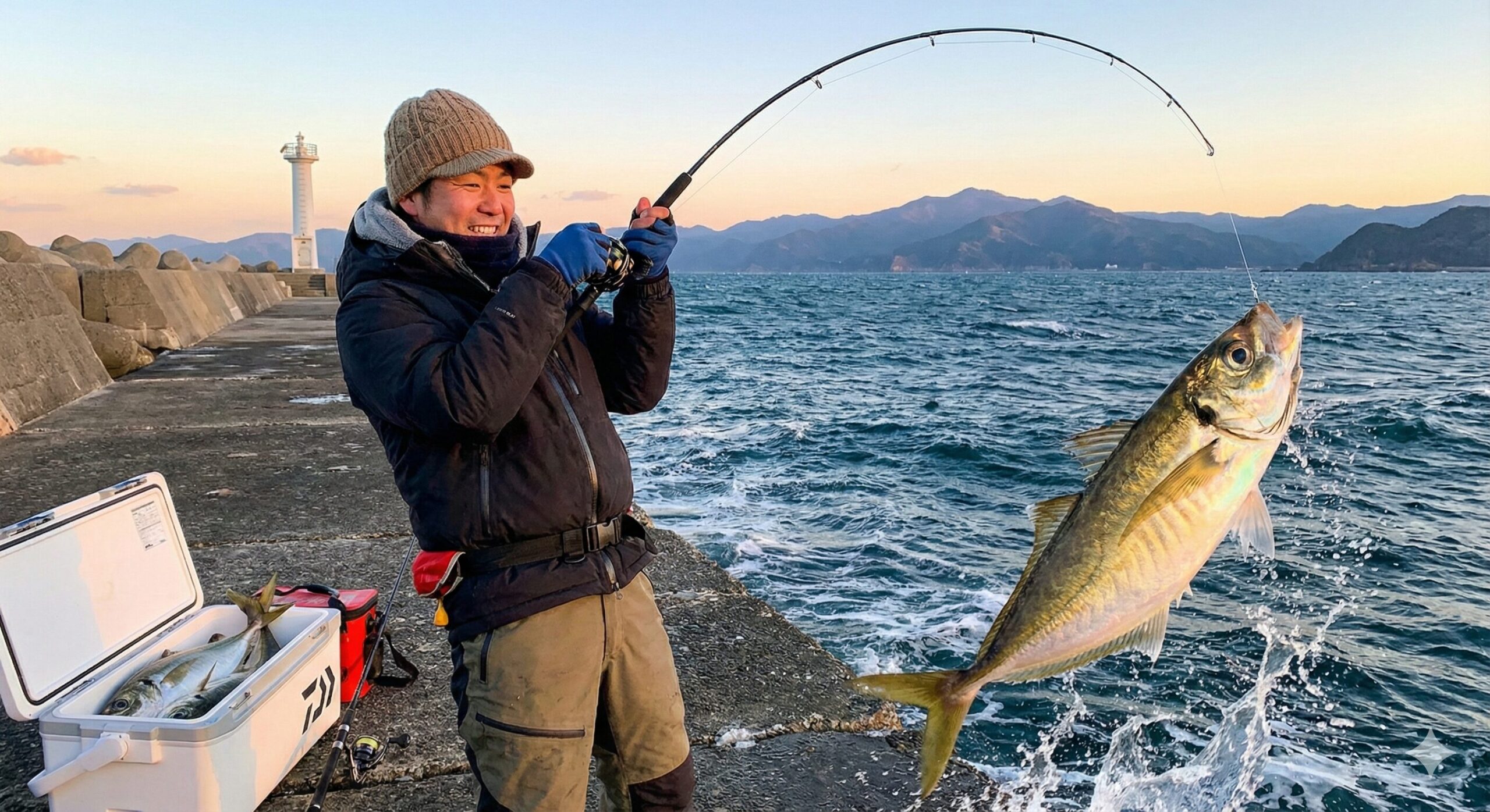 通常、30cm〜40cmクラスの大型アジは、船で沖に出ないと釣れないことが多いです。 しかし南紀では堤防から釣れる。釣太郎
