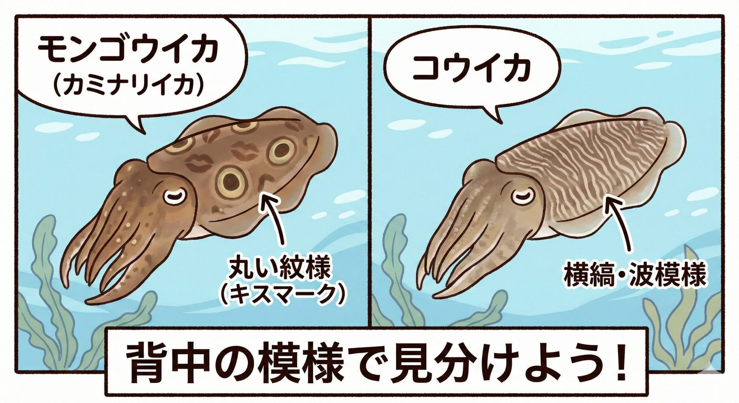 モンゴウイカは模様：背中に「キスマーク」や「目玉」のような、丸い紋様が散らばっています。コウイカ模様：背中に「横縞（ストライプ）」や「波模様」が細かく入っています。釣太郎