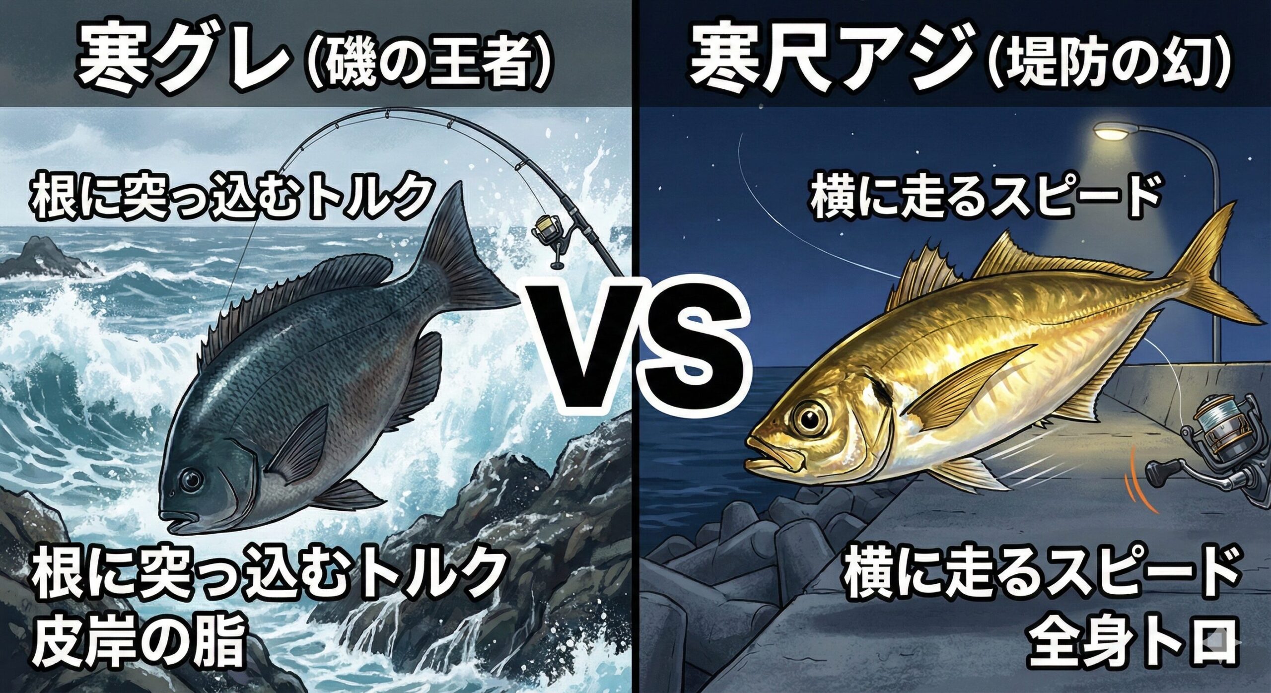 「磯の景色の中で、技術を駆使して一匹を獲りたい」なら寒グレ。 「足場の良い堤防で、食べて最高に美味い魚を狙いたい」なら寒尺アジ。釣太郎