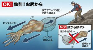 アオリイカの取り込みにおいて、「頭から」は逃走を助ける行為であり、「お尻から」は退路を断つ行為。釣太郎