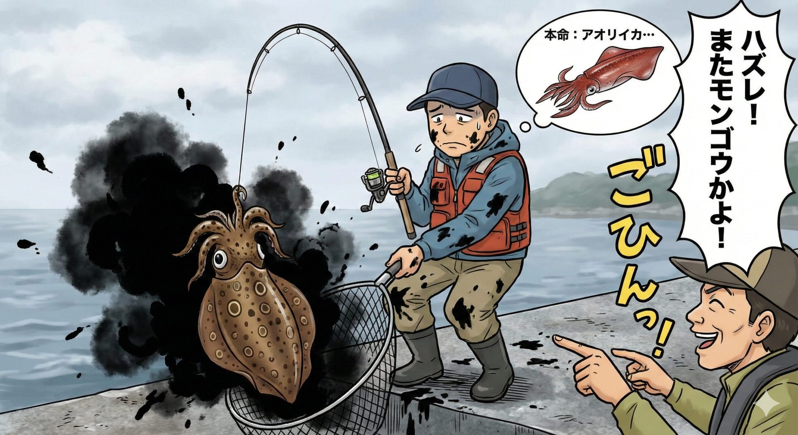 釣り人がモンゴウイカを見てガッカリするのは、「アオリイカ特有の引き」を期待していた反動と、「スミ爆弾への恐怖」が原因。釣太郎