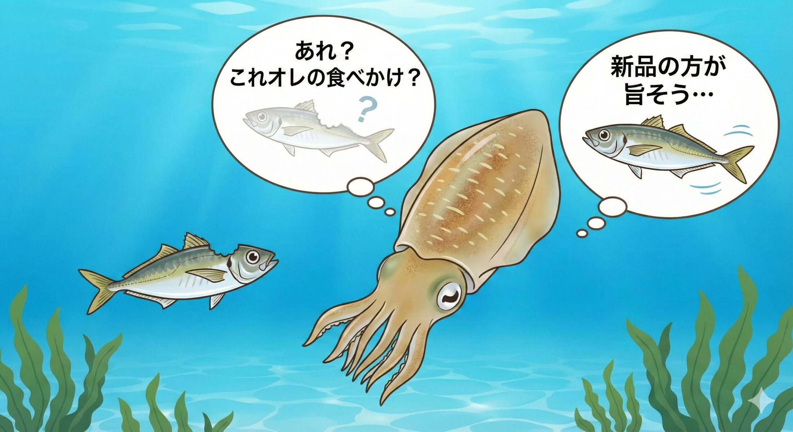 アオリイカは「自分の食べかけ」に執着しているわけではなく、「捕食しやすい獲物」を探しています。釣太郎