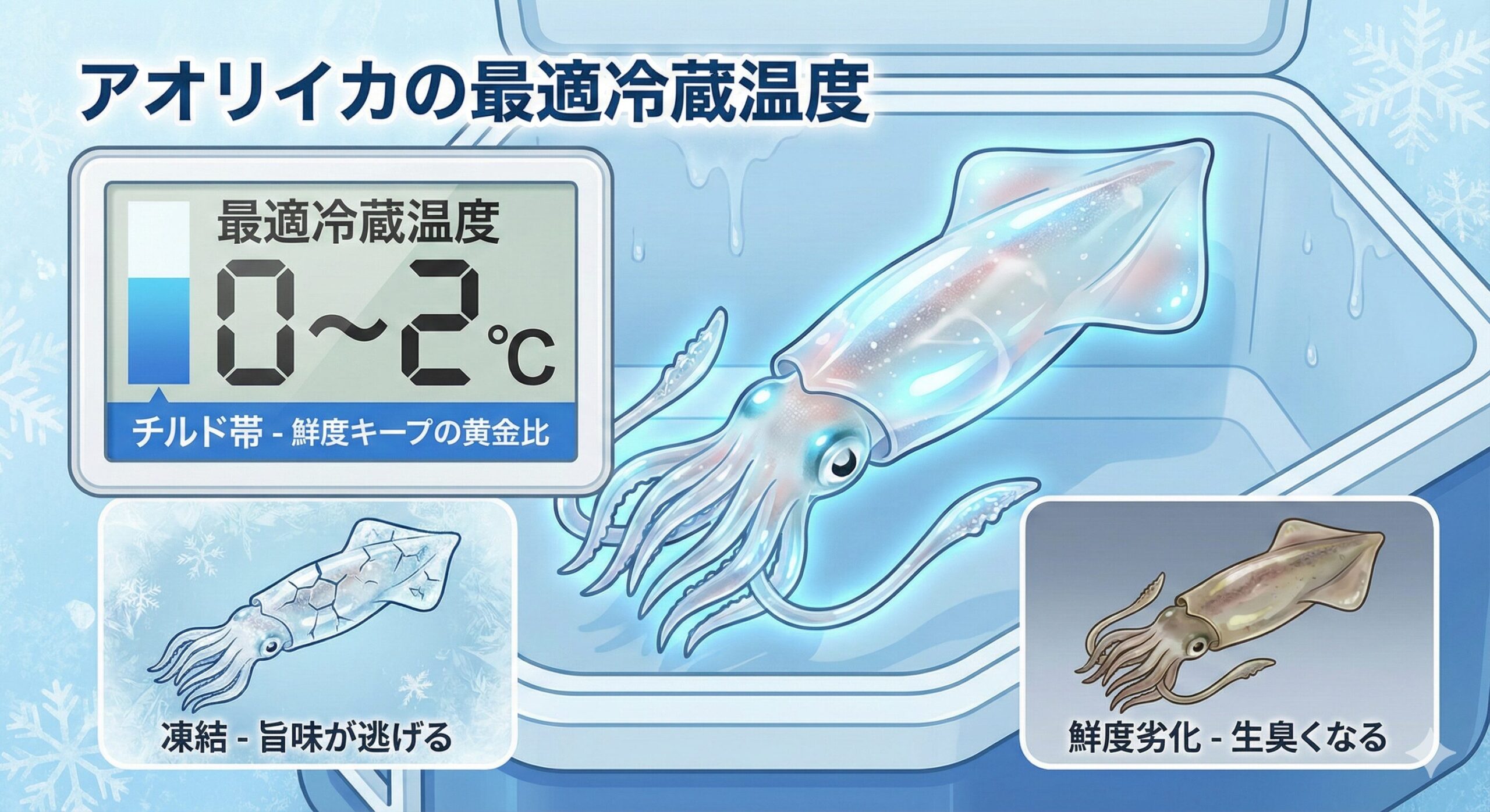 アオリイカ「0〜2℃」の管理がベスト。海水氷なら安心。釣太郎