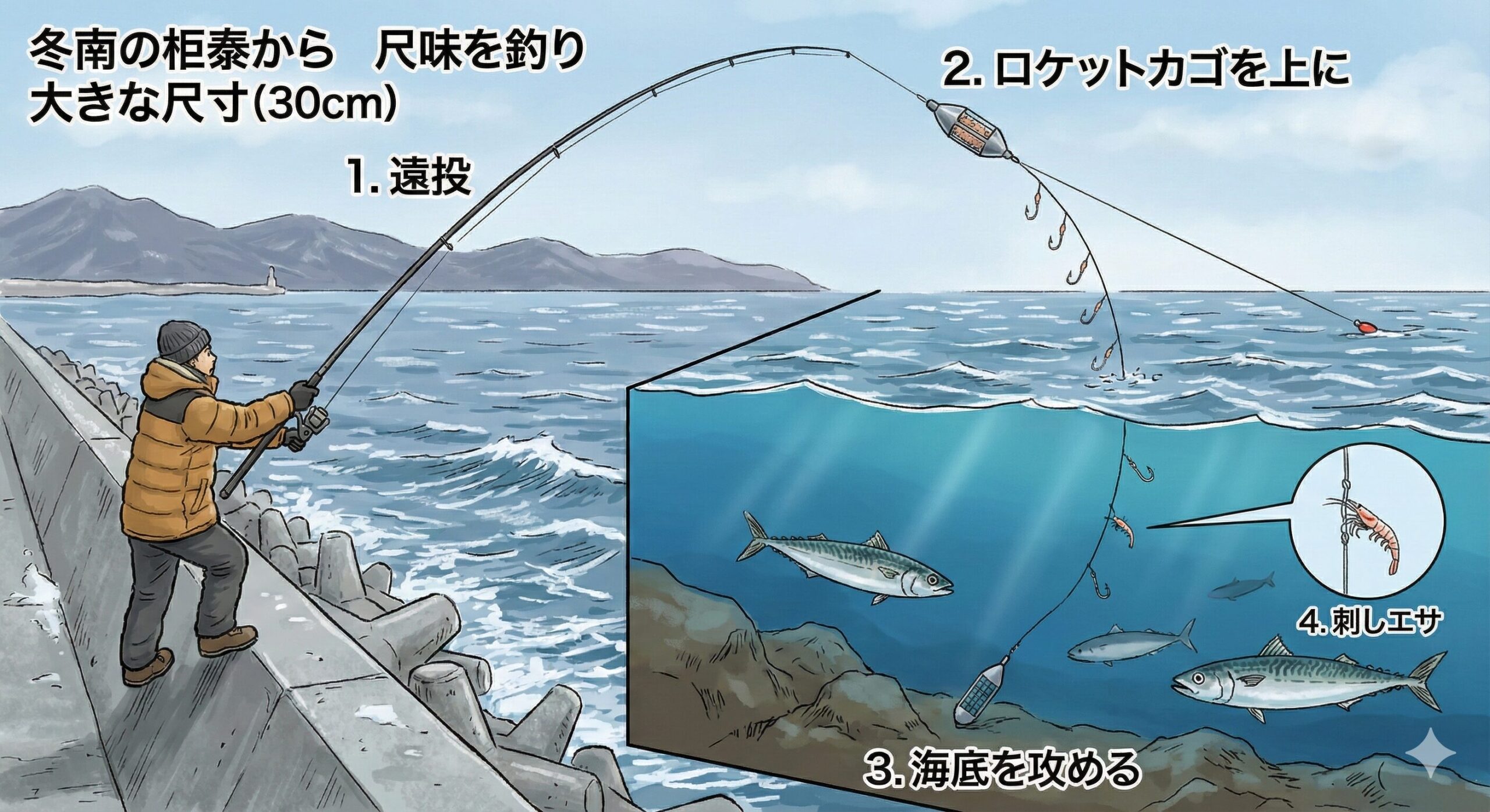 南紀の冬は水温が下がり、アジの群れも深場に落ち着きます。特に堤防から狙える「尺アジ（30cm級）」は釣り人の憧れ。釣太郎