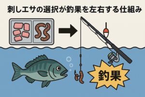 寒グレ釣り。沖アミブロックで刺しエサを取ると安いが45％と不安定・高品質エサは63％で渋い日に強い ・液体漬けは72％で最も安定して釣れる。釣太郎