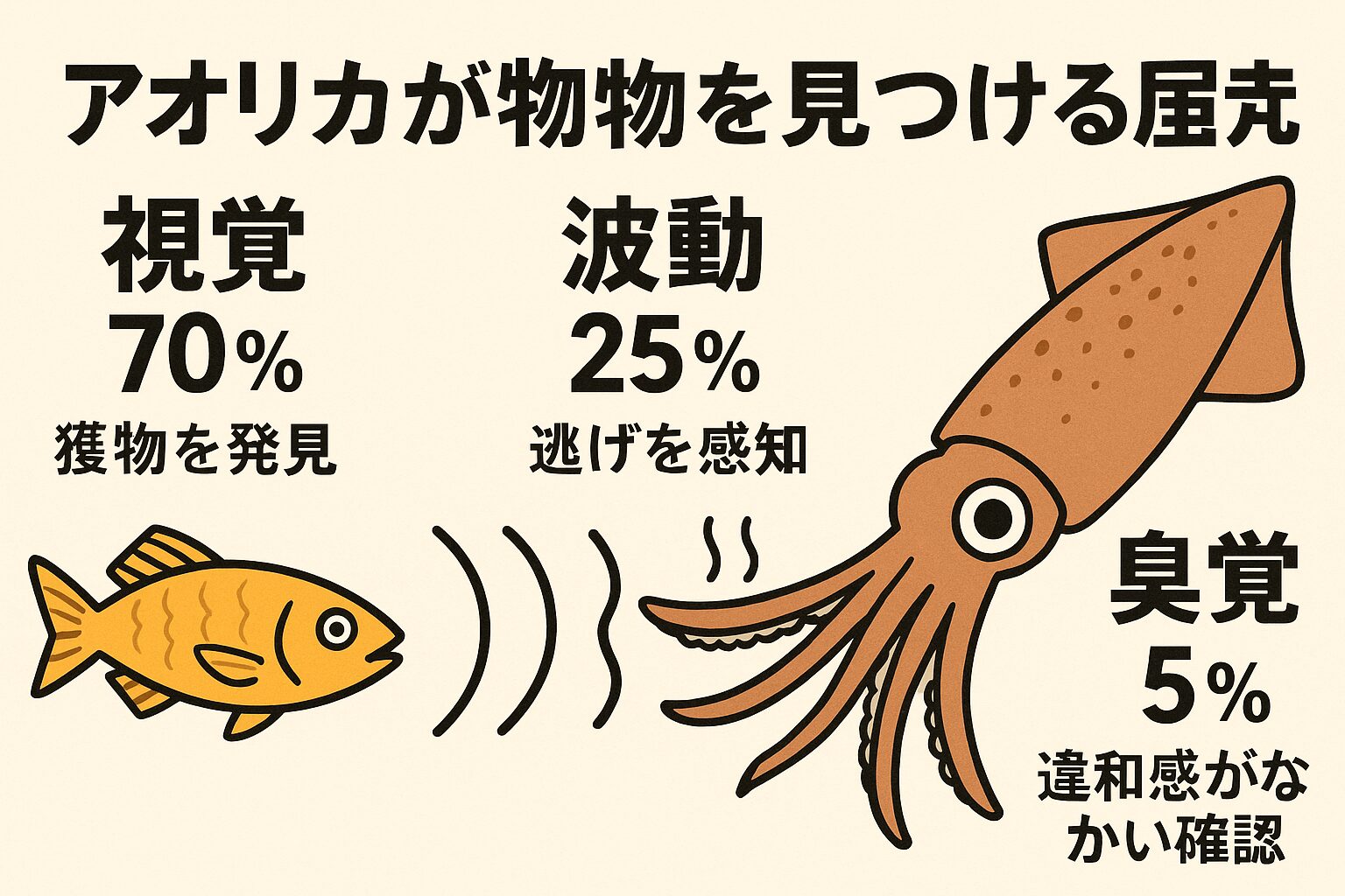アオリイカは視覚70％・波動25％・臭覚5％で獲物を判断し、「見つけた → 動いた → 逃げる」瞬間に捕食する生き物。釣太郎