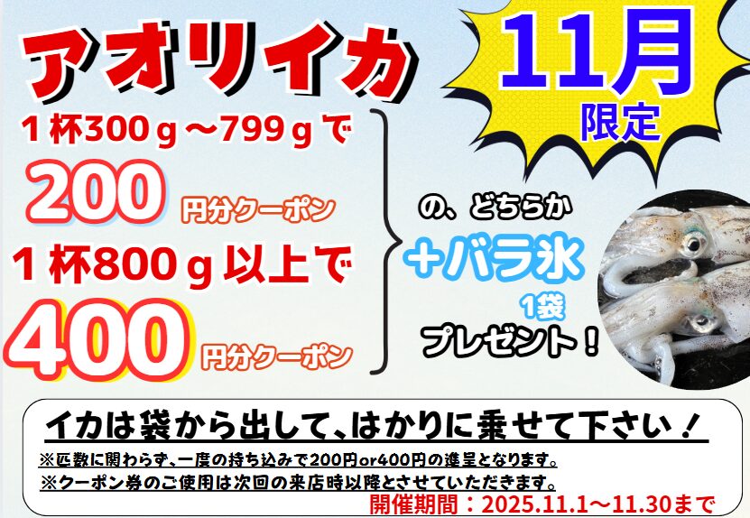 【11月限定】アオリイカ釣果持ち込みで最大400円クーポンGET！さらにバラ氷もプレゼント！釣太郎のお得なキャンペーンが熱い！