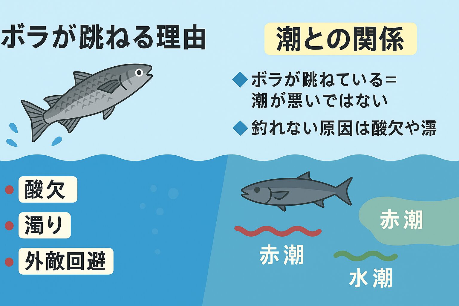 ボラが跳ねる＝釣れないは半分正解で半分迷信・跳ねる原因は酸欠、濁り、水潮、外敵回避などさまざま・釣れない原因は跳ねではなく“環境の悪化”の方。釣太郎
