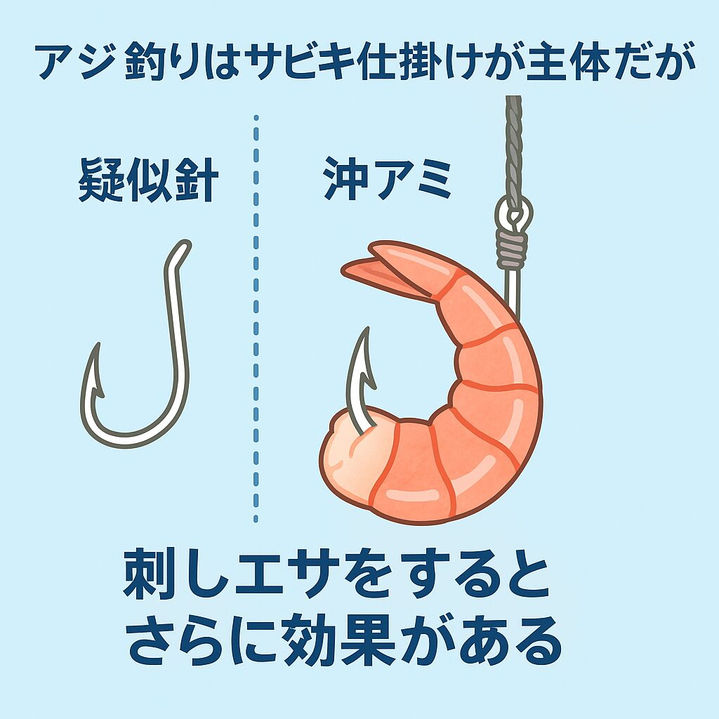 アジ釣りはサビキが主体であるものの、活性が低い時期・夜間・尺アジ狙いでは必ず刺しエサ併用が有効。特に ・日中の沖アミ・夜間の青イソメが極めて効果的.釣太郎