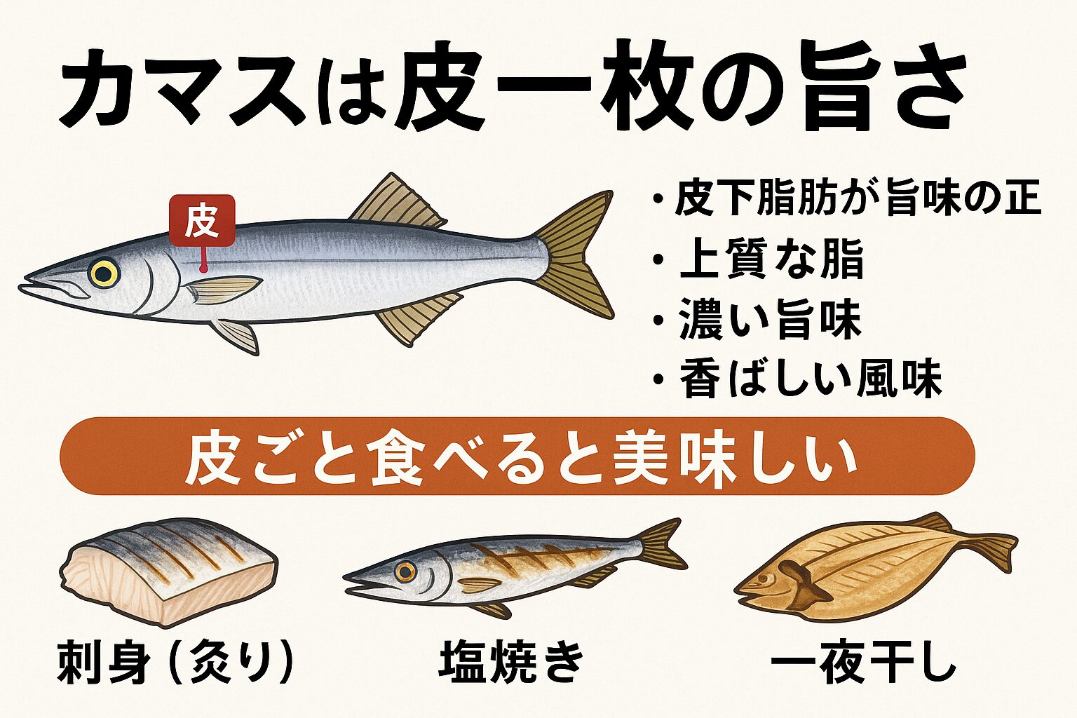 カマスは皮下脂肪が旨味の正体。皮目の香ばしさと脂が他の白身魚より濃厚。刺身・炙り・塩焼き・一夜干しが最強。鮮度管理は海水氷がベスト。釣太郎