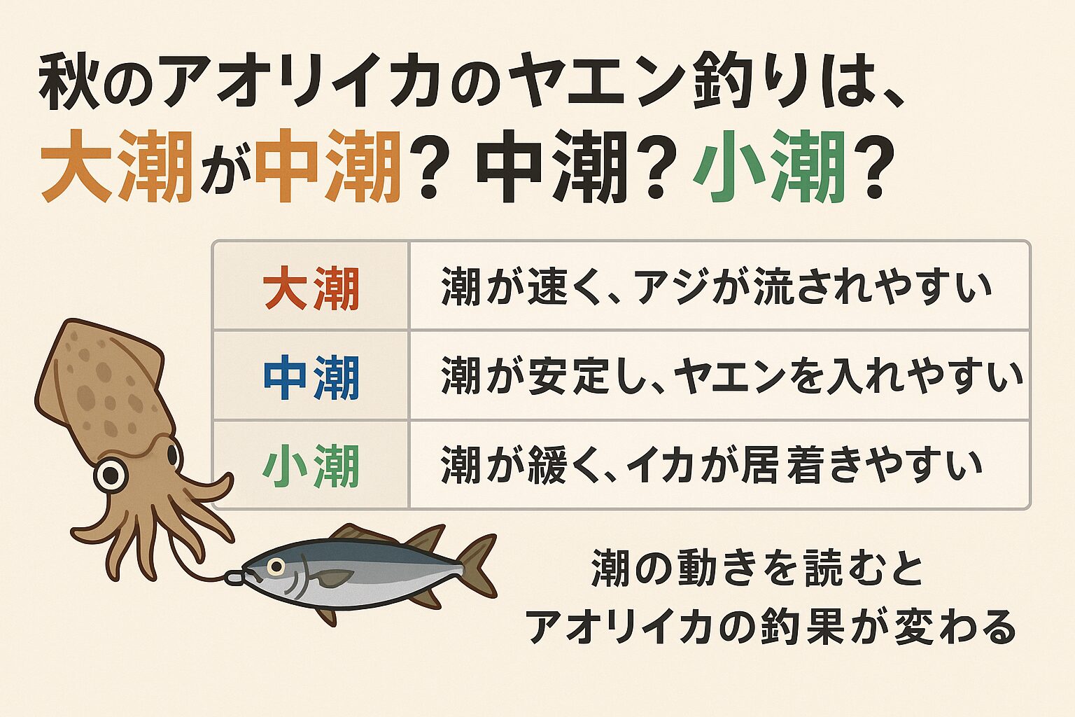 秋のアオリイカ・ヤエン釣りでは、中潮が最も安定して釣れる。大潮はタイミング次第で爆発力あり。小潮は静かな場所でじっくり勝負。釣太郎