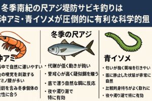 冬季南紀の尺アジは ・代謝低下により活発に追わない・警戒心が高く疑似餌を嫌う・底で漂う自然な餌に反応する。よって刺しエサを使用するだけで釣果が劇的に変わる。釣太郎