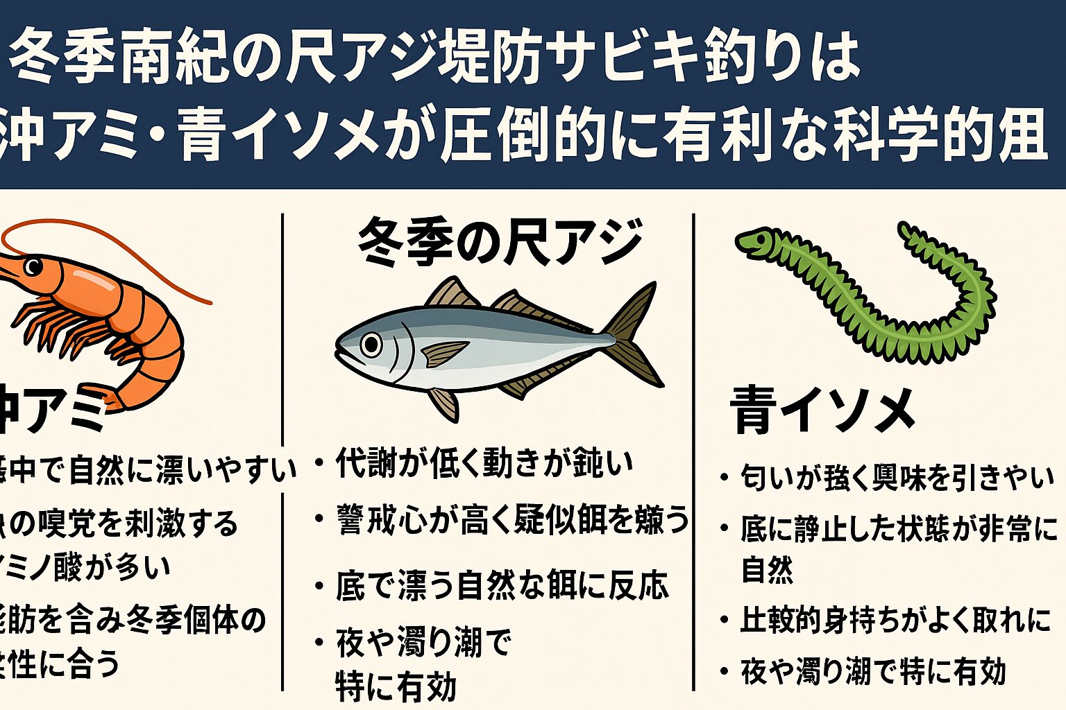 冬季南紀の尺アジは ・代謝低下により活発に追わない・警戒心が高く疑似餌を嫌う・底で漂う自然な餌に反応する。よって刺しエサを使用するだけで釣果が劇的に変わる。釣太郎