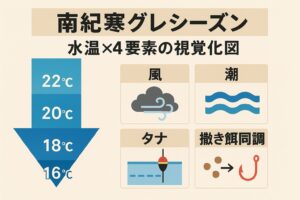 南紀寒グレシーズン本番は 水温が下がる11月下旬〜2月・最盛期は 水温18〜20℃（1月前後）釣太郎