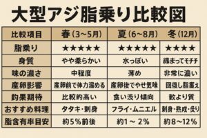 冬は水温が低下し代謝が減るため、餌を溜め込み体脂肪が最大値に達します。特に黒潮接岸エリアでは12月〜1月にかけて最も脂が乗りやすく、釣り人の間では「冬アジこそ別格」釣太郎