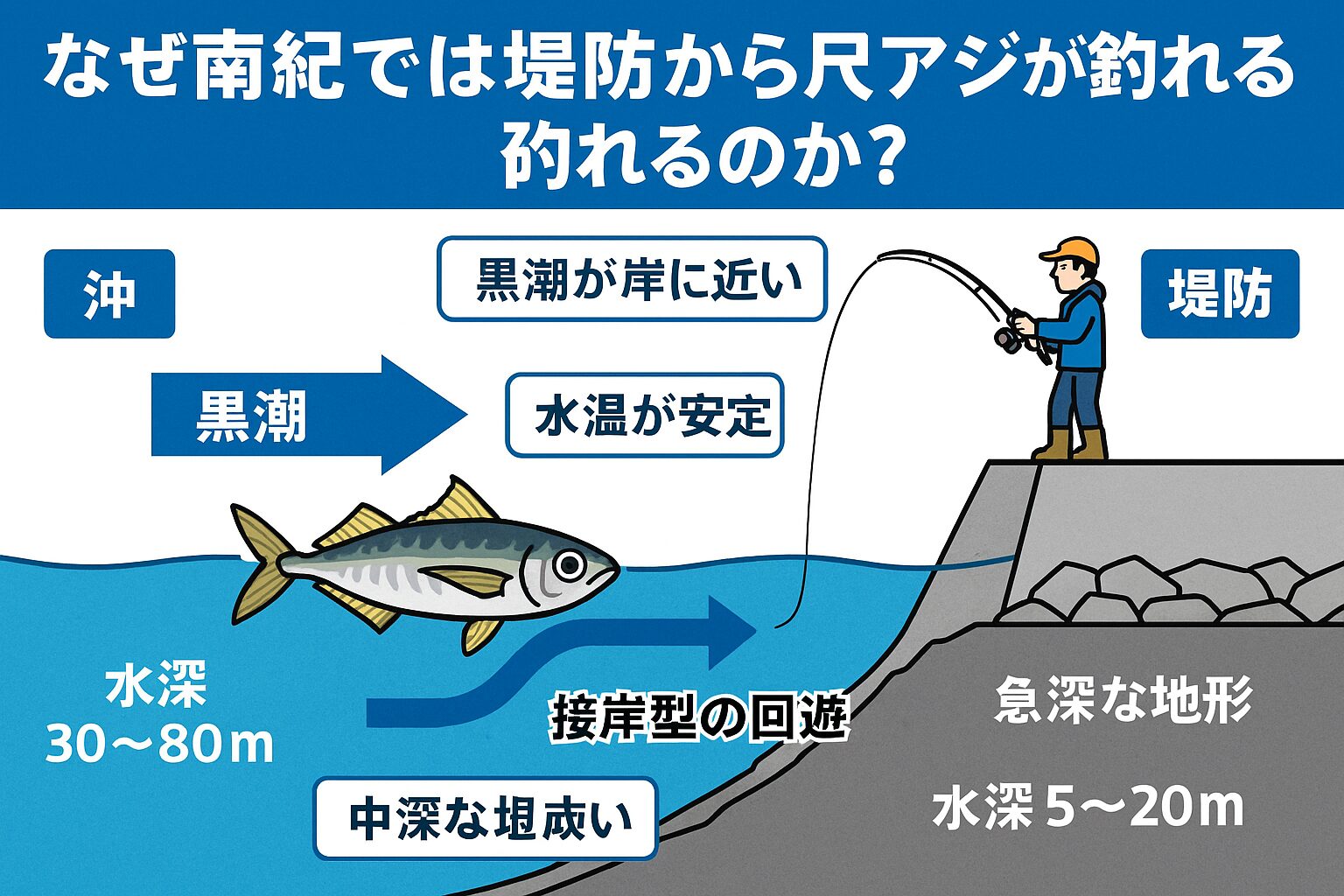 尺アジ、南紀地方では、黒潮の影響・急深な地形・安定した水温・冬季の代謝低下によって堤防から狙える稀少な地域。釣太郎
