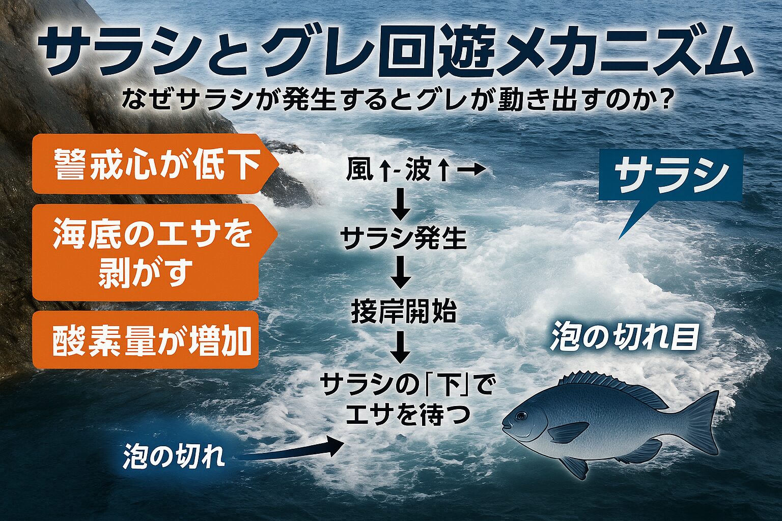 サラシはただの泡ではなく　寒グレを呼び寄せる自然反応装置✔ サラシの下層こそ最大の狙い目✔ 波＋風＋サラシ＝接岸確率急上昇。釣太郎