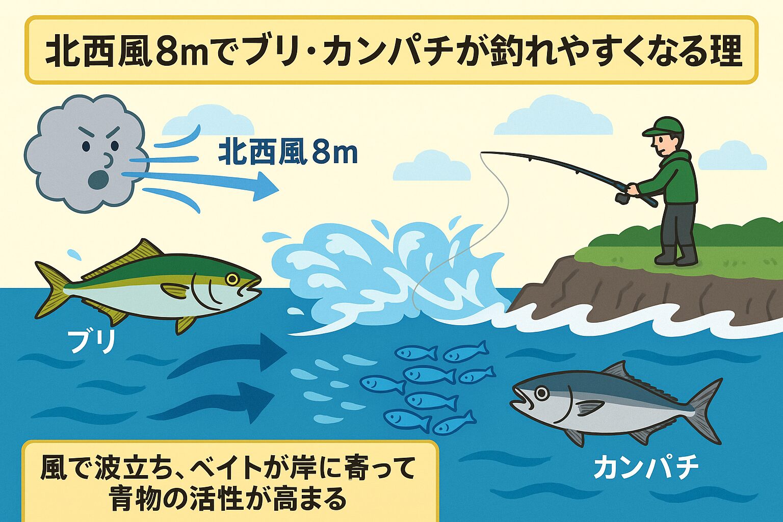 北西風8m前後は、海を動かすベスト風速。
風による湧昇流・波立ち・酸素増加が青物の活性を上げる。ベイトが岸に寄り、ブリ・カンパチが狩りやすい状況に。釣太郎