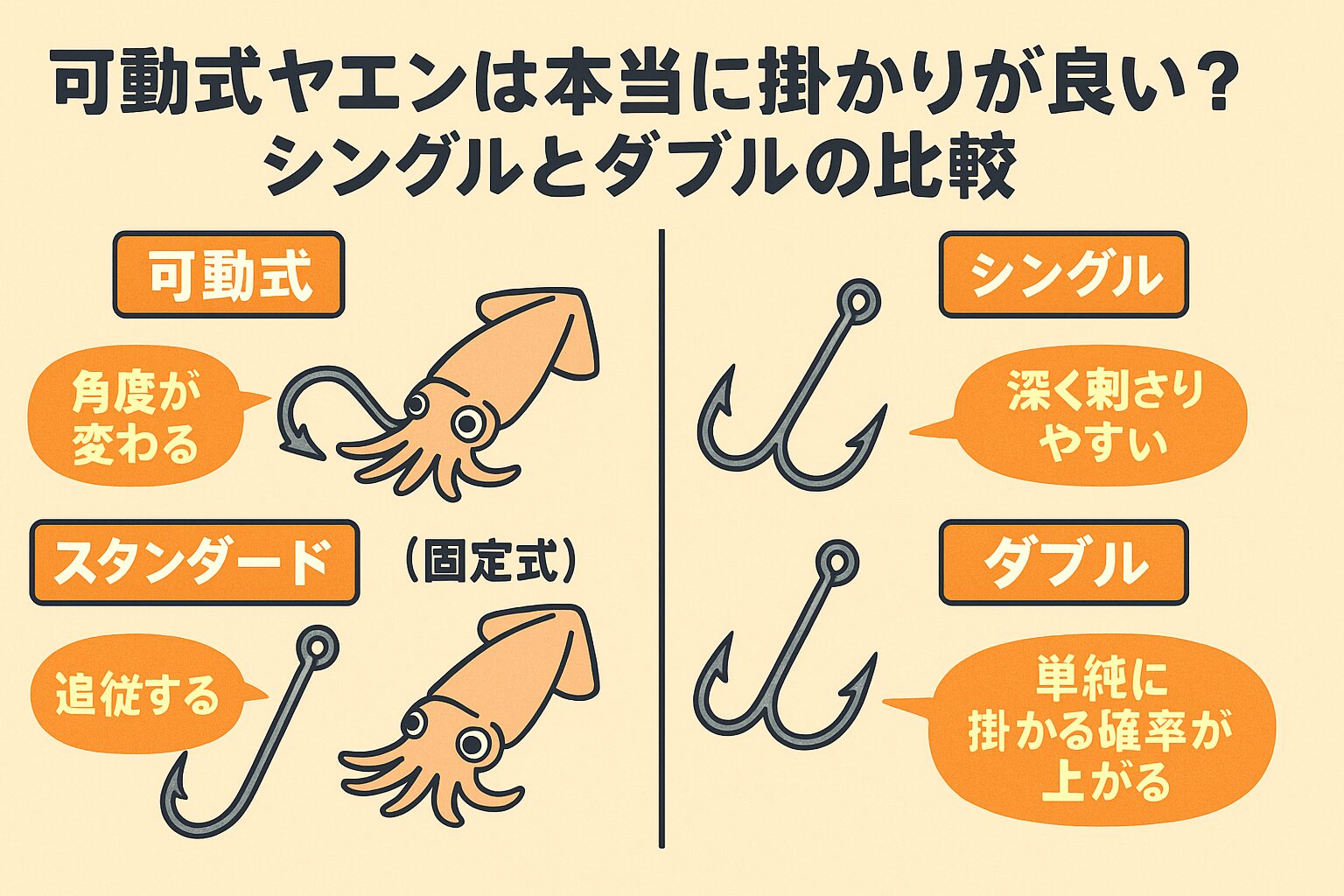アオリイカ釣りのヤエン、初心者はダブルのほうがバラシ率が低い ・固定より可動式のほうが掛かりロスが少ない・小アジの時ほど可動式が有利。釣太郎
