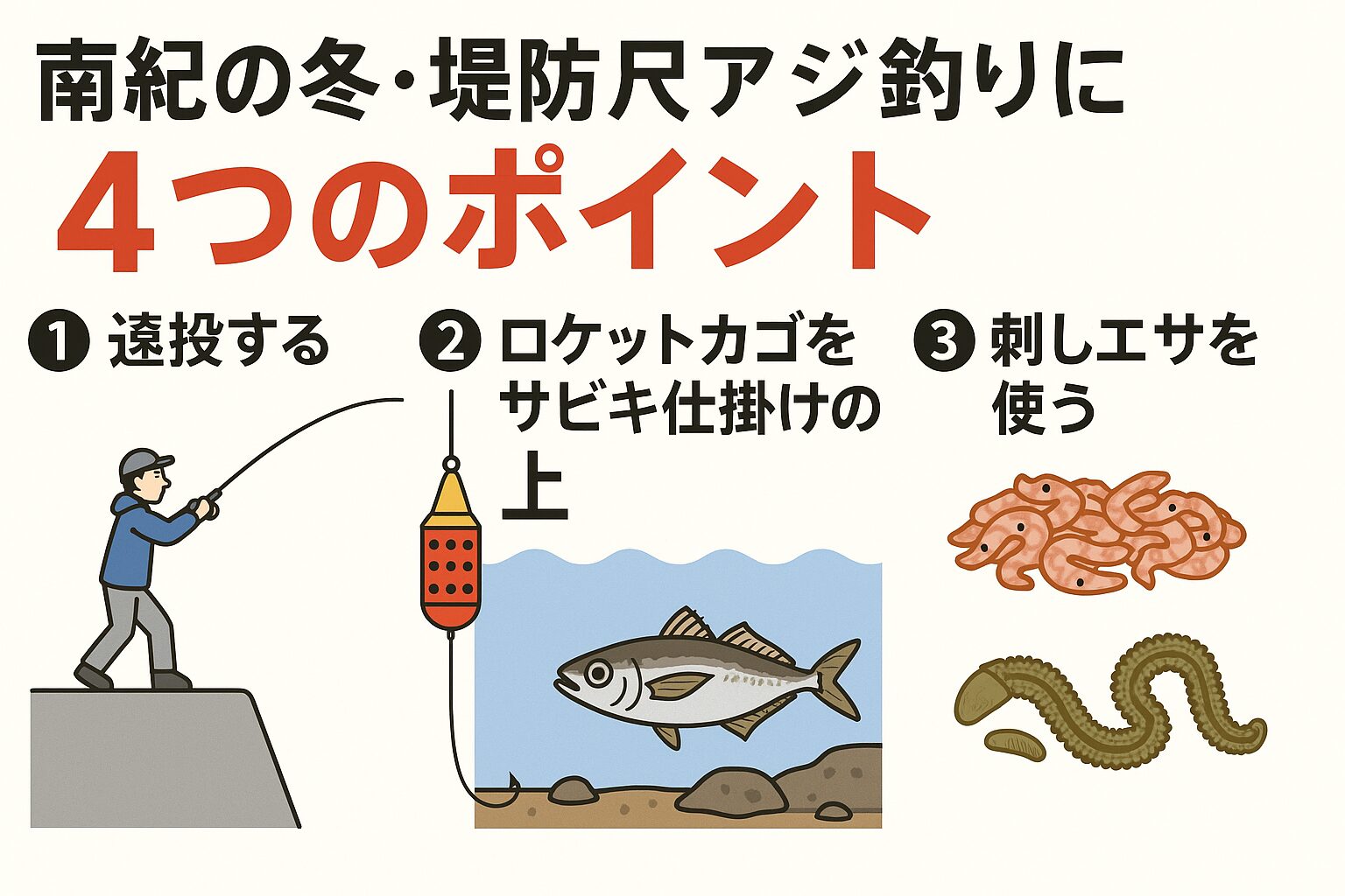 南紀冬季の尺アジ釣り成功の鍵は４つ。１ 遠投する。２ ロケットカゴをサビキの上に付ける。３ 海底を攻める。４ 刺しエサを使う。釣太郎