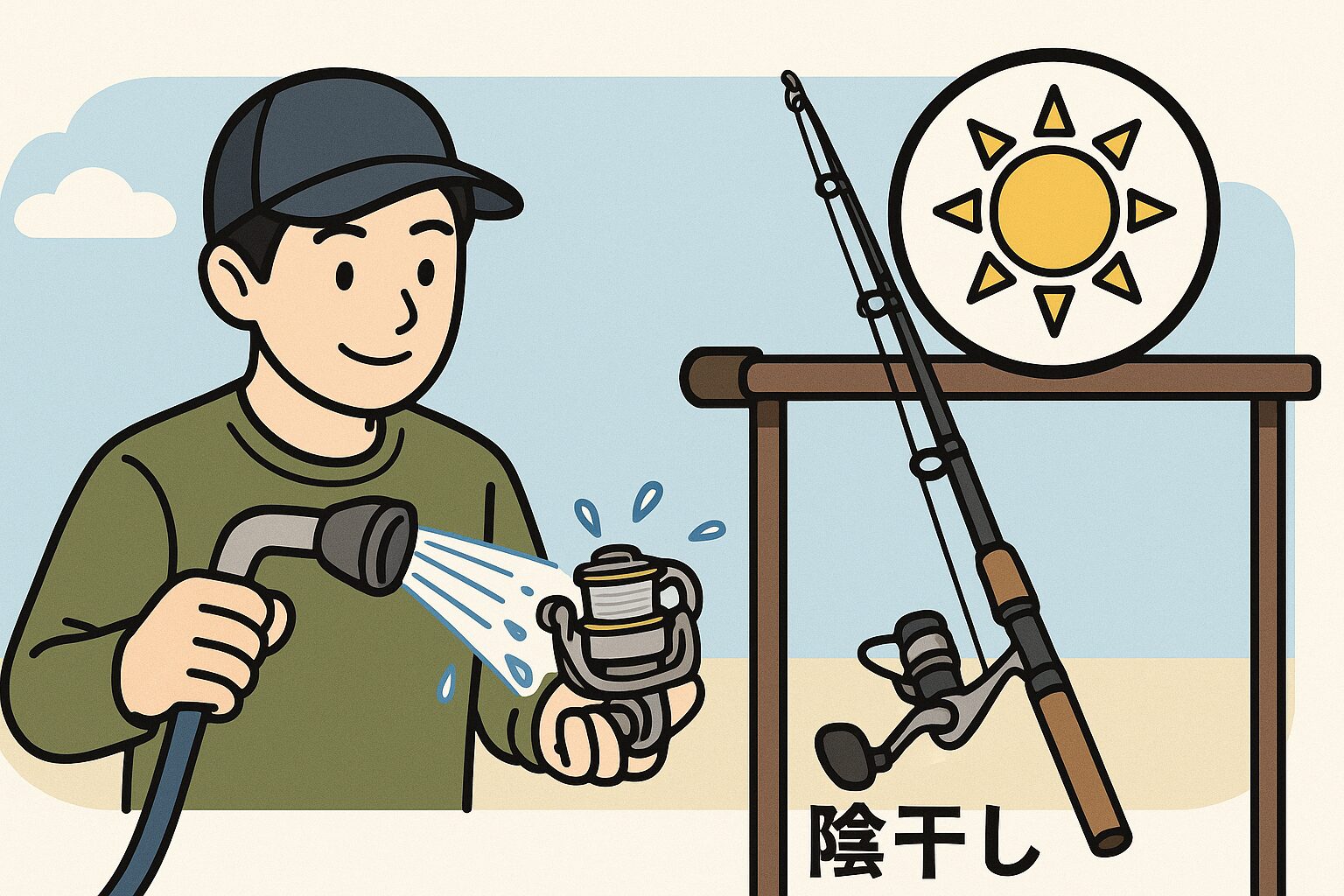 釣行後の道具メンテは「真水洗い＋拭き取り＋陰干し」が基本・お湯洗いは厳禁。内部オイルが抜けて寿命を縮める・水洗い後は乾いたタオルでしっかり拭く。釣太郎
