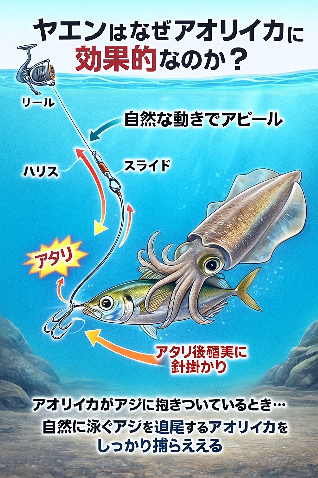ヤエン釣りは確かに手数が多く、技術も必要です。 しかし、その面倒な手順を踏むからこそエギでは絶対に釣れないイカを手にすることができます。釣太郎