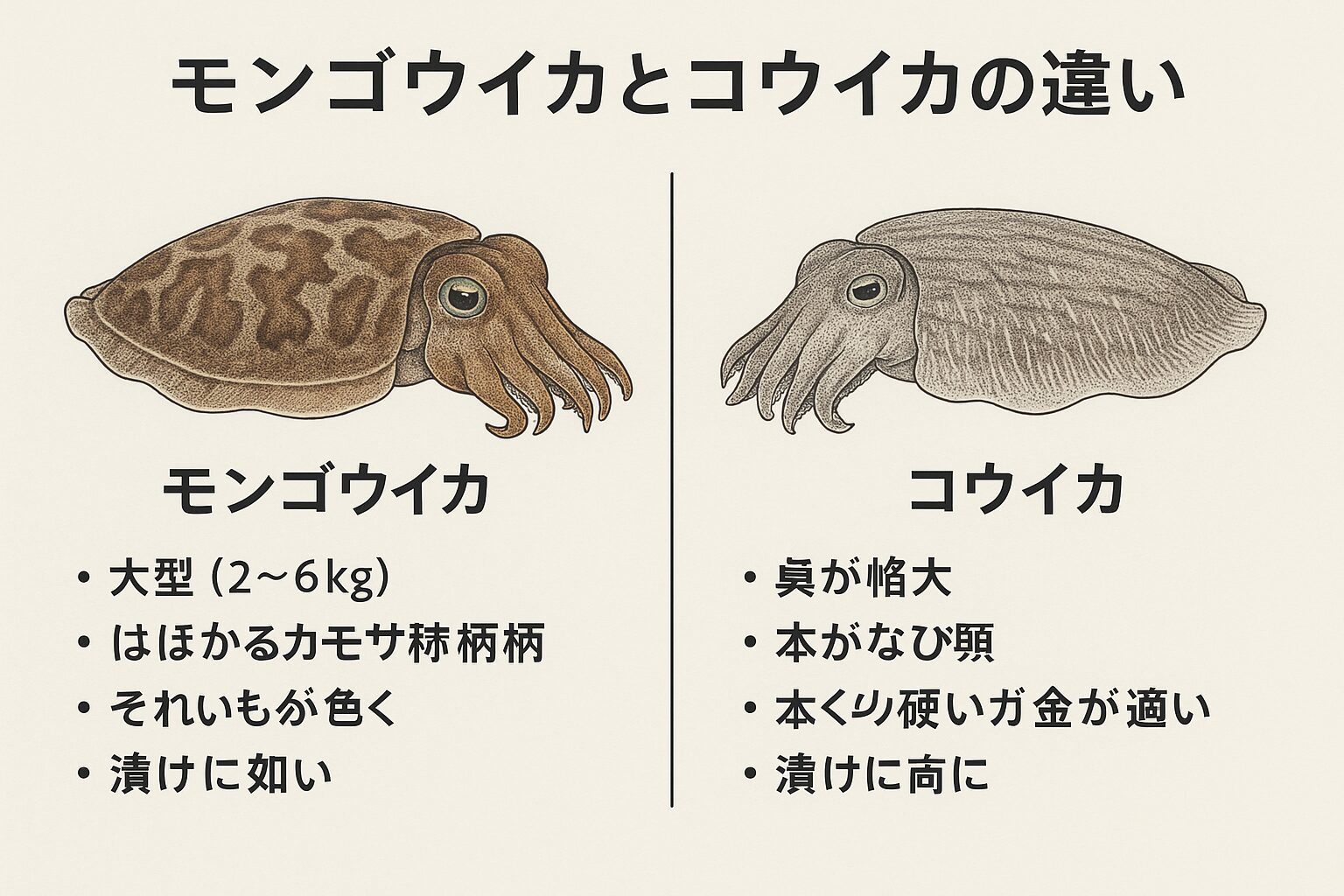 モンゴウイカは 大型・肉厚・旨味強く、釣りと料理で人気トップ・コウイカは 甲が非常に硬く、中型で粘度高い墨を吐く。釣太郎