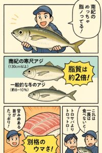 一般アジ（冬）脂肪率：8〜10％・南紀寒尺アジ（冬）脂肪率：15〜20％ → 約2倍・黒潮・急深地形・水温変化など海洋条件が要因。釣太郎